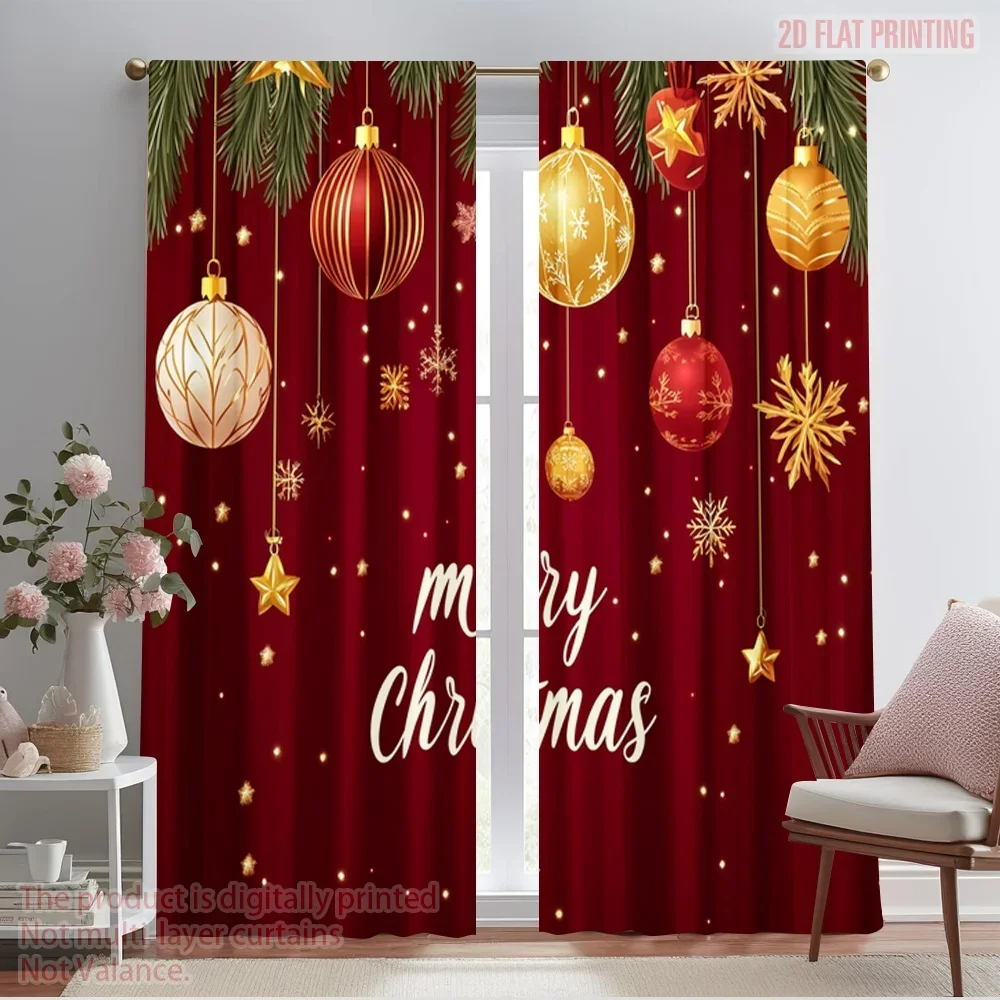 2pcs,2D plane printing Curtain Fabric Christmas Ornaments Hanging Festive Decorations Versatile Durable Polyester (without rod)