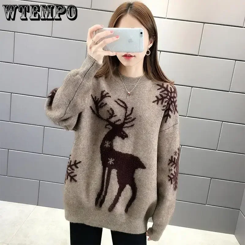 WTEMPO Christmas New Year Loose Knitted Sweaters Women Autumn Winter Warm Pullover Top All Match Sweater Bottoming Shirt Female