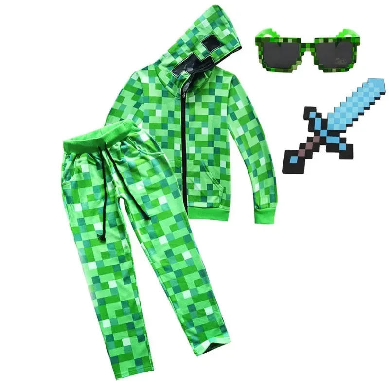 

Новинка 2025 года, спортивная одежда для мальчиков, зеленый костюм для косплея на Хэллоуин, забавная одежда, детские игры C-Creeper, eqs9X