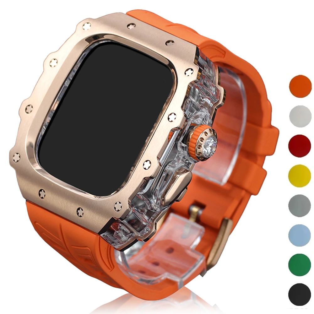 Luxury Matel Transparent Case Mod Kit For Apple Watch S11 S10 46MM Rubber Band Strap Metal Case Mod Kit For iwatch S11 S10 46mm