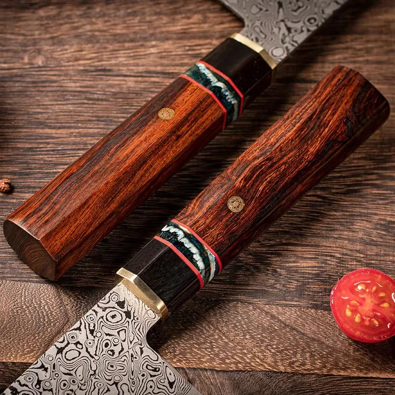 FZIZUO Nakiri Chef Knife Damascus Steel Desert Ironwood Handle Cooking Knife Handmade 8inch Vegetable Kitchen Knives with Sheath