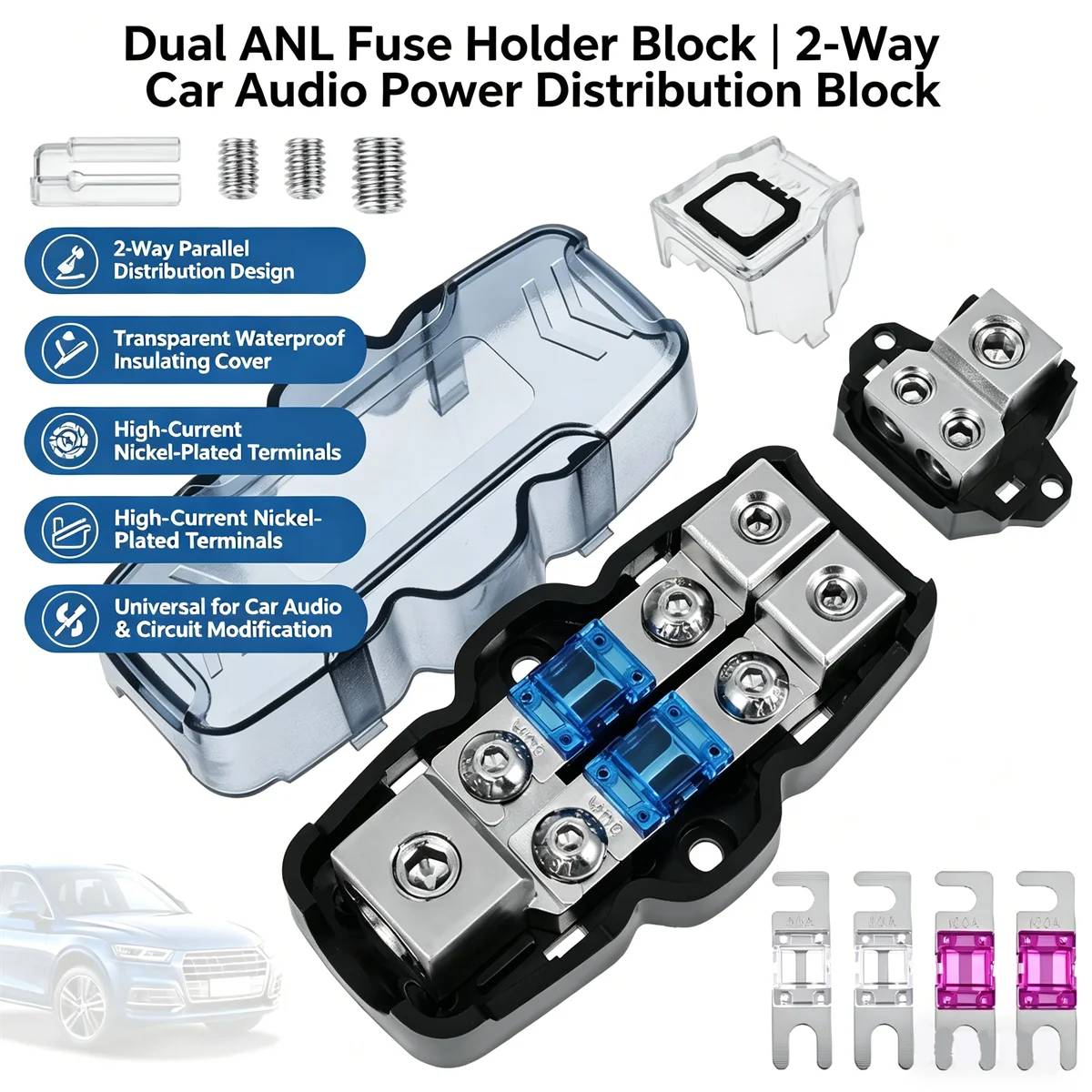 2-Wege-Stromverteilerblock mit Sicherungshalter für Auto-Audio-Verstärker, 0/2/4 GA Eingang, 4/8 GA Ausgang, Marine-Boot-Auto, Massives Messing-Kit