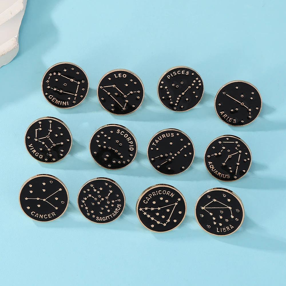 The Zodiac Collection Enamel Pins Twelve Constellations Gemini Taurus Capricorn Sagittarius Pisces Round Brooches