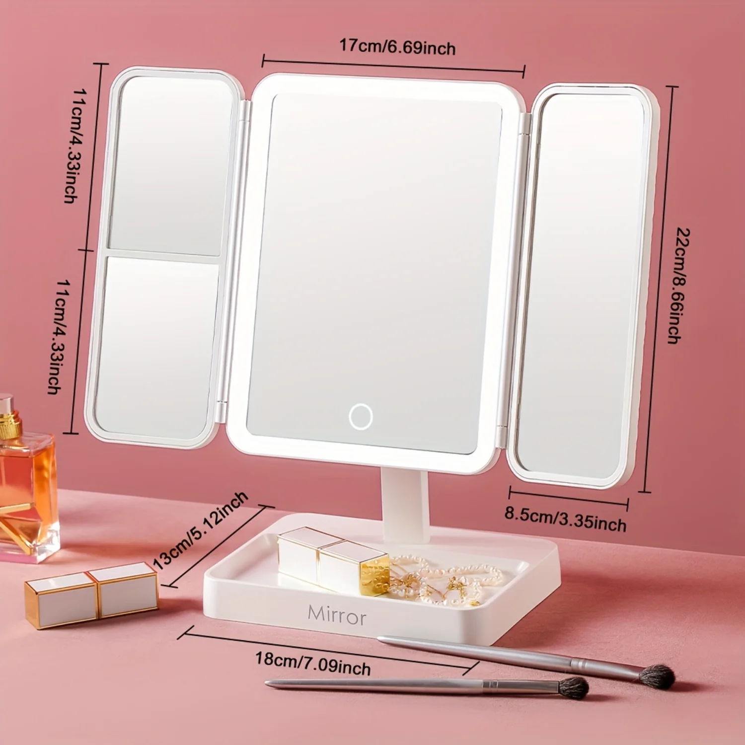 Foldable Lighted Makeup Mirror, USB Rechargeable Mirror, 3 Colors Light, Dimming, Vanity Mirror for Makeup