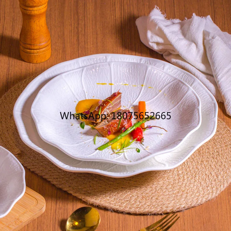 Nordic style creative tableware embossed lotus pattern pure white high-end ceramic plate