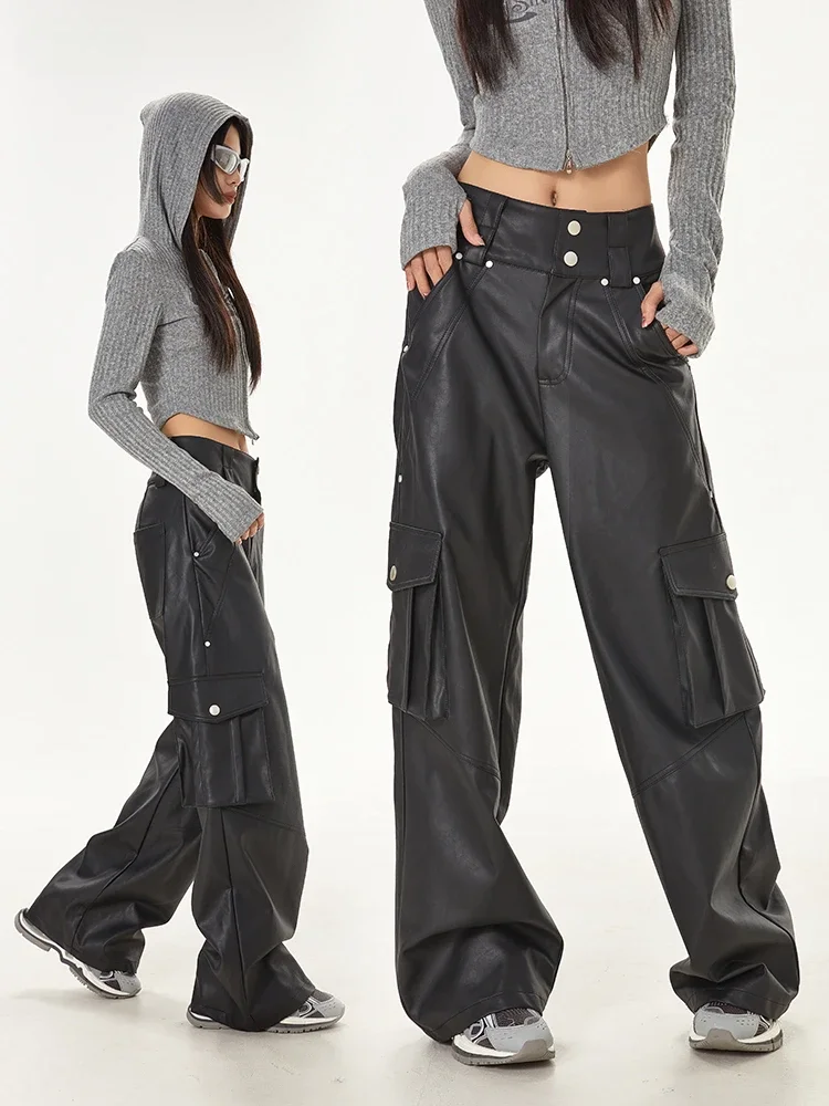 

Pu Leather Pant Multi Pocket Techwear Motorcycle Punk Gothic Harajuku Streetwear Cargo Pants y2k women trouser