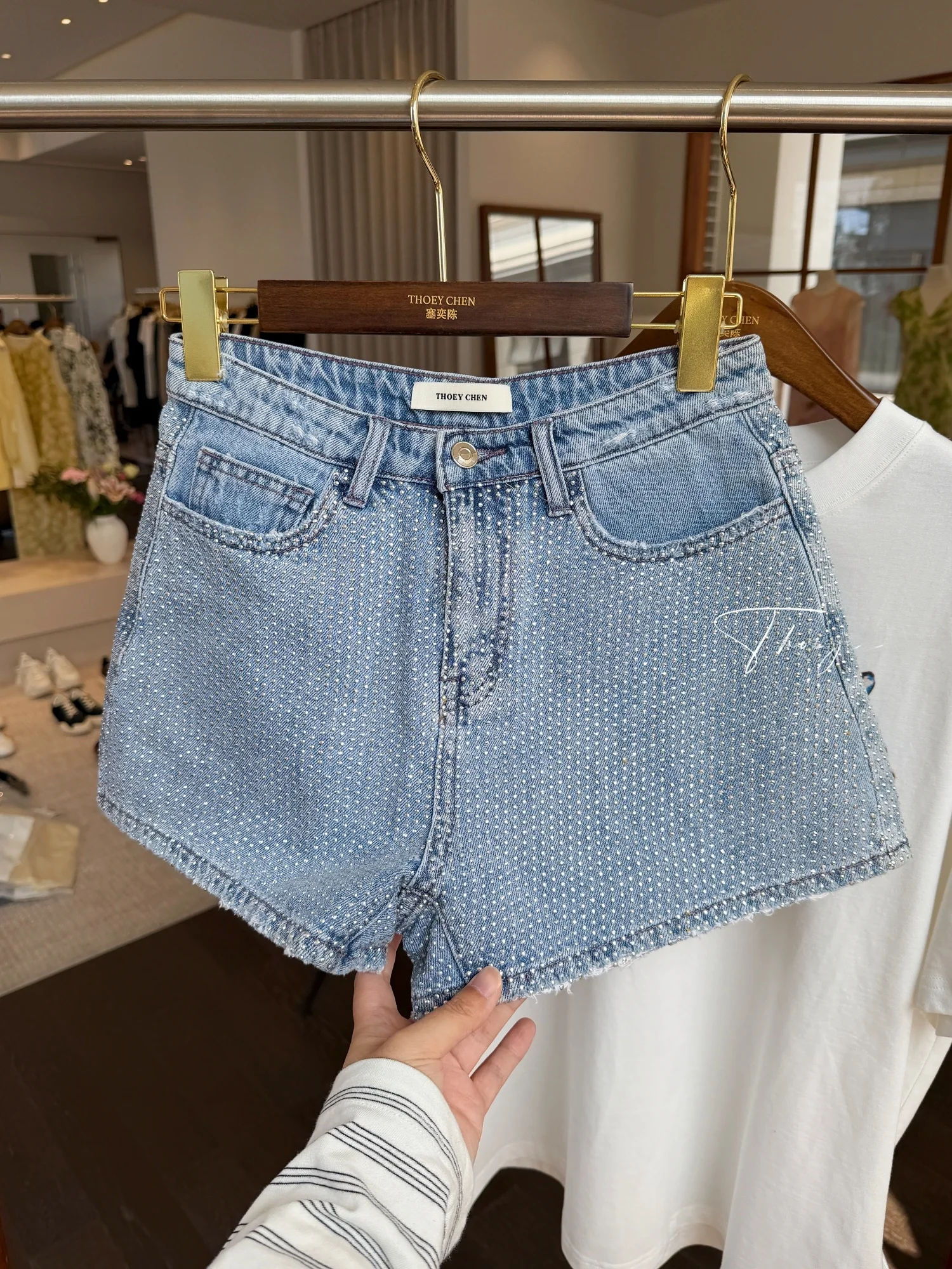 

Женские летние повседневные шорты из хлопкового денима с высокой талией, украшенные пайетками, А-силуэт, дышащие, комфортные