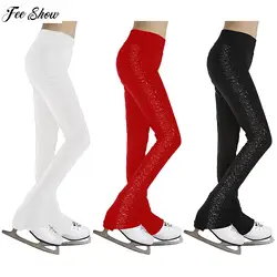 Kids Girls Sparkly Rhinestones Figure Skating Pants High Waist Elastic Waistband Training Leggings for Latin Dance Gymnastics