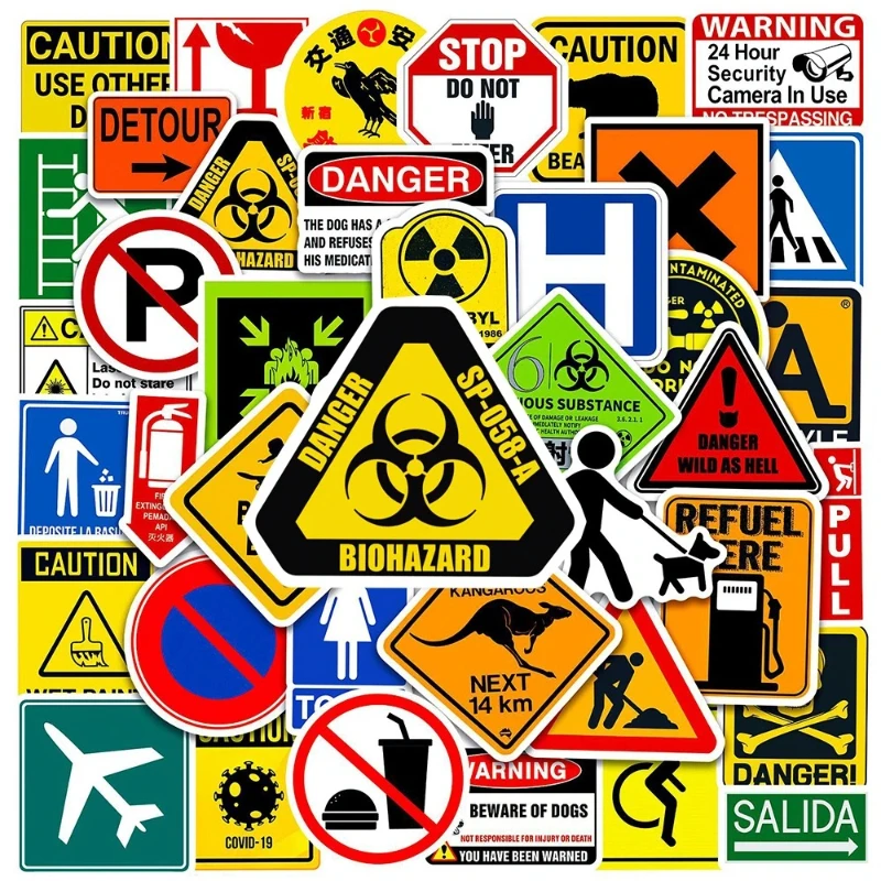 50pcs Waterproof Warning Signs Stickers Danger Banning Reminder Sticker for Wall  Window Car Motorcycle DIY Graffiti Decal