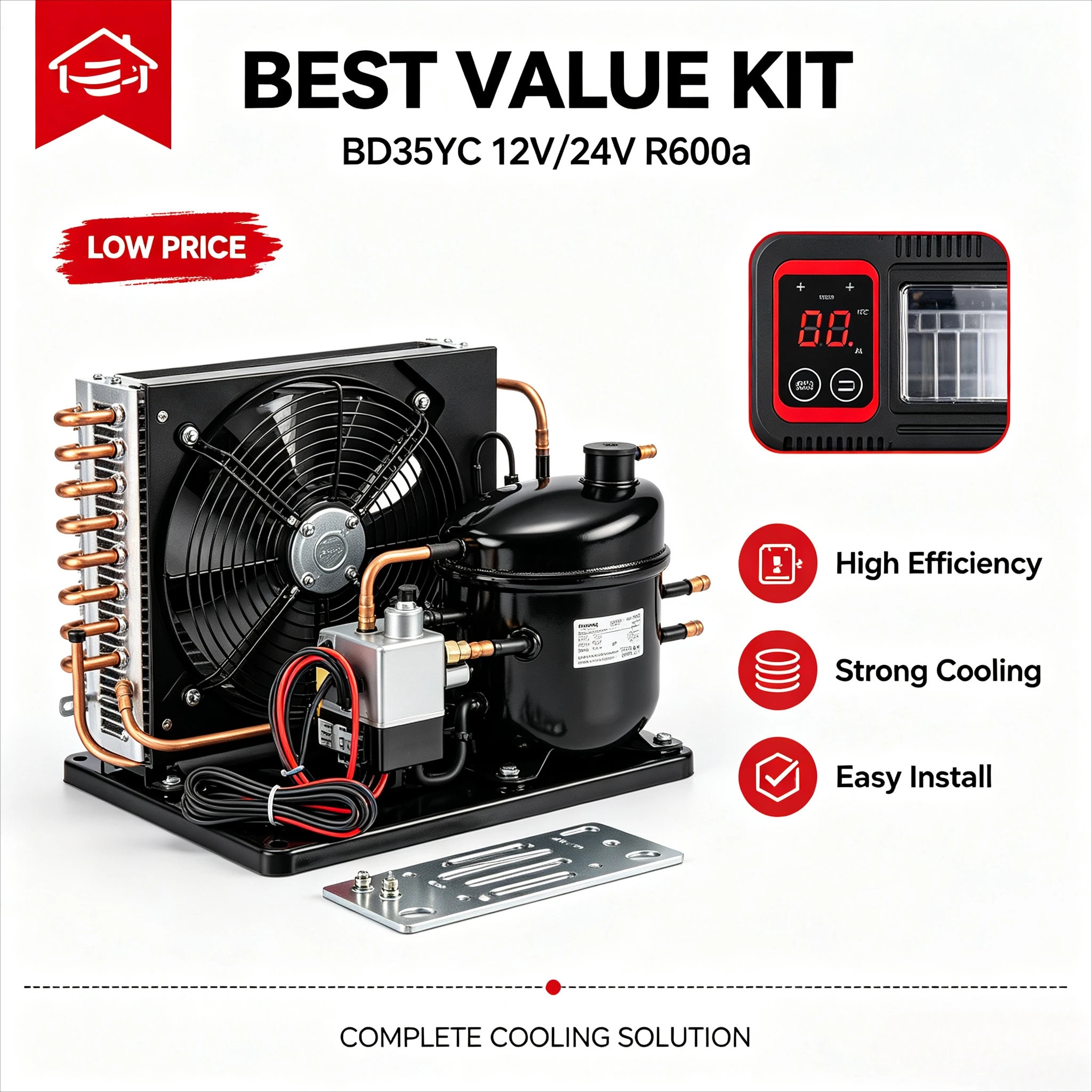 BD35YC DC Compressor Unit 12V 24V R600a Refrigeration Condensing Unit for Car Fridge, Freezer Cooling System