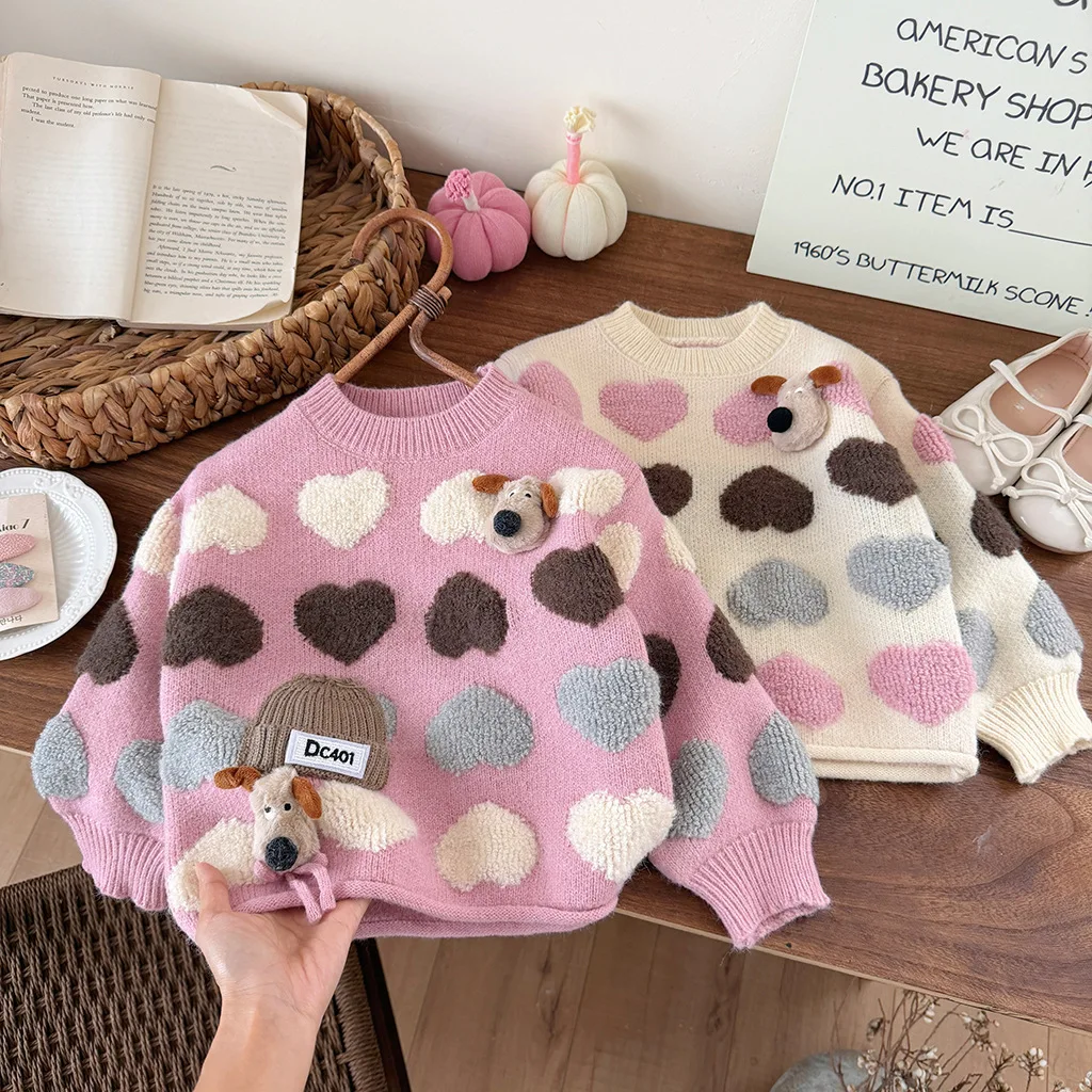Girls' Knitted Sweater 2026 Autumn and Winter New Wool Love Cartoon Knitting Bottoming Shirt Baby Girl's Sweater Tops