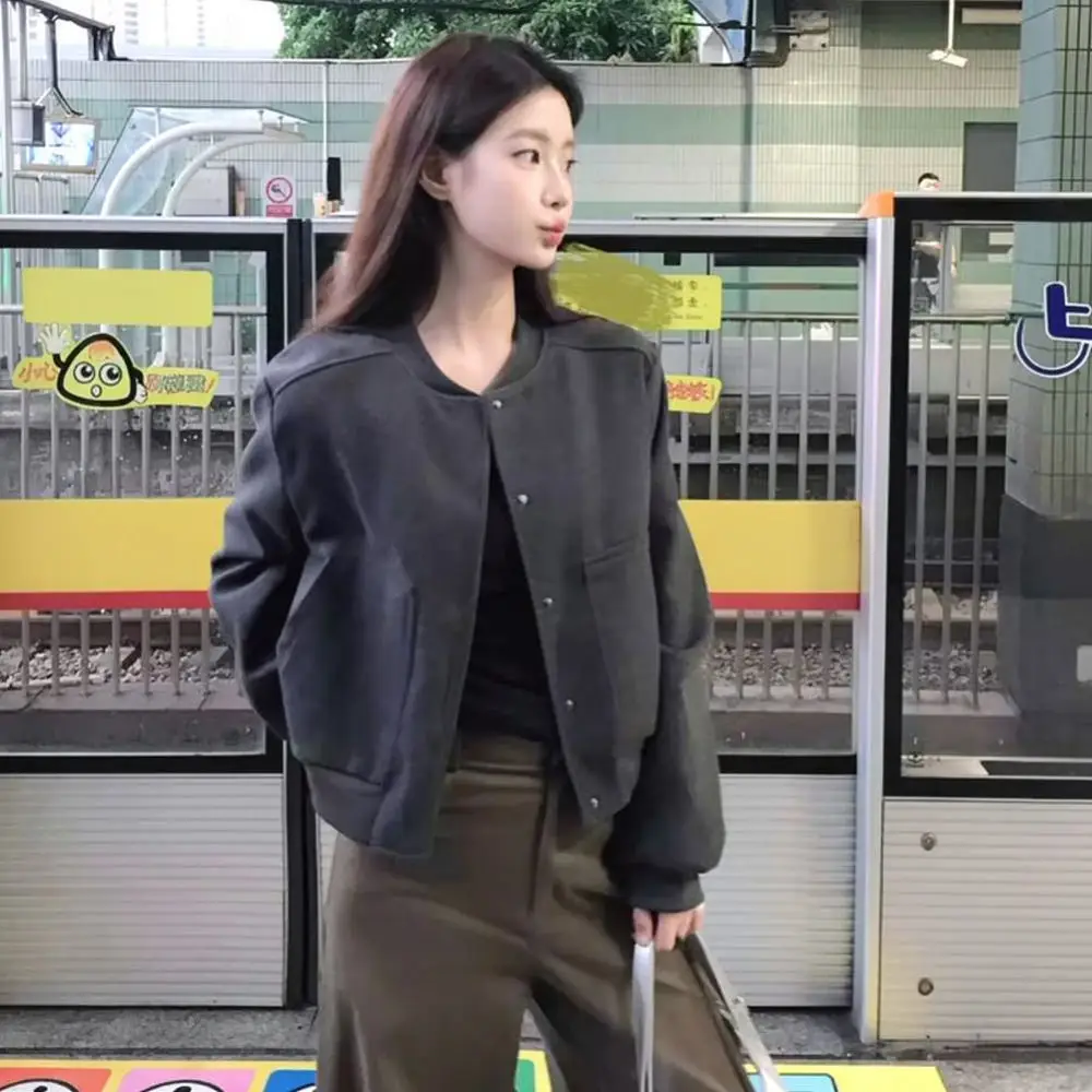 Women Short Baseball Jacket Stand Collar Winter Autumn Thickened Woolen Outerwear Casual Streetwear Loose Fit Long Sleeve Top