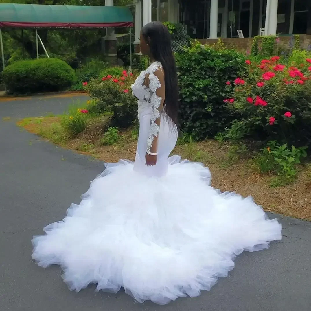 

Customized Plus Size African Mermaid Wedding Dresses 3D Lace Appliques Tiered Ruffles Wedding Dress Long Sleeves Bridal Gowns Ve