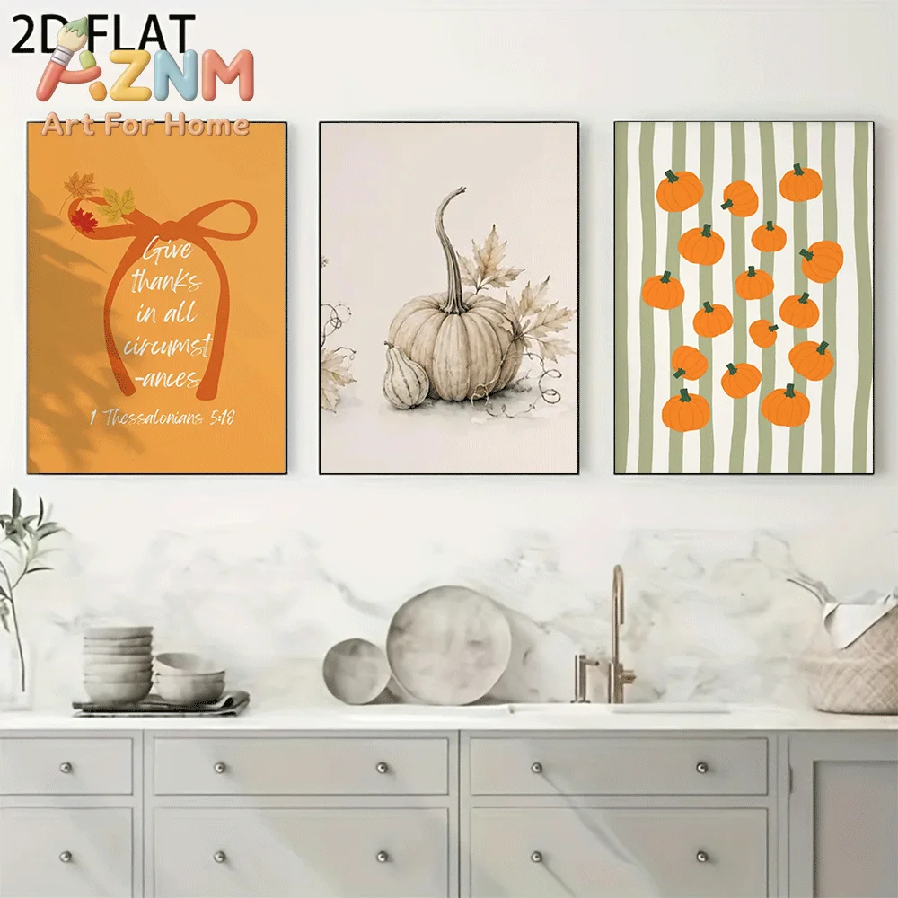 AZNM Frameless Canvas Wall Art, Fall Bible Verse Print, White Pumpkin Watercolor Striped Pumpkin Pattern Art Poster for Thanksgi