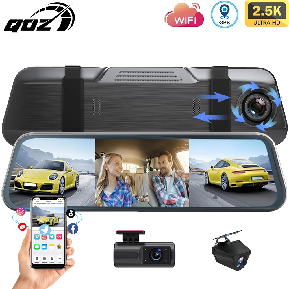 

QOZ 10‘’ 3 Cameras 2.5K Mirro car Dash Cam Rearview Mirror Infrared Night Vision Loop Recording Streaming Media WIFI Dvrcar