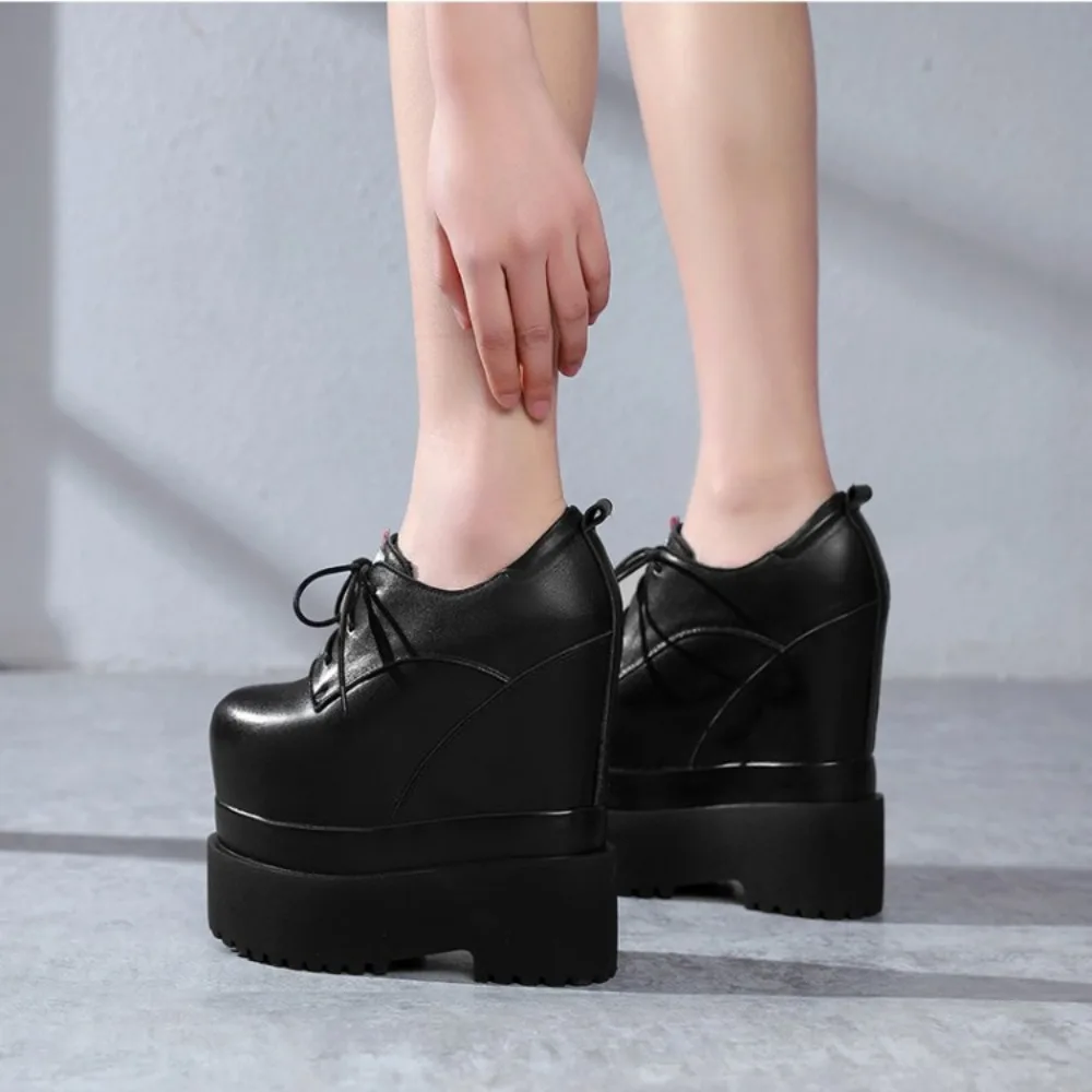 Super High Heel 18cm Genuine Leather Platform Wedge Hidden Heel Women Casual Shoes Chunky Sneakers High Heels Spring Autumn