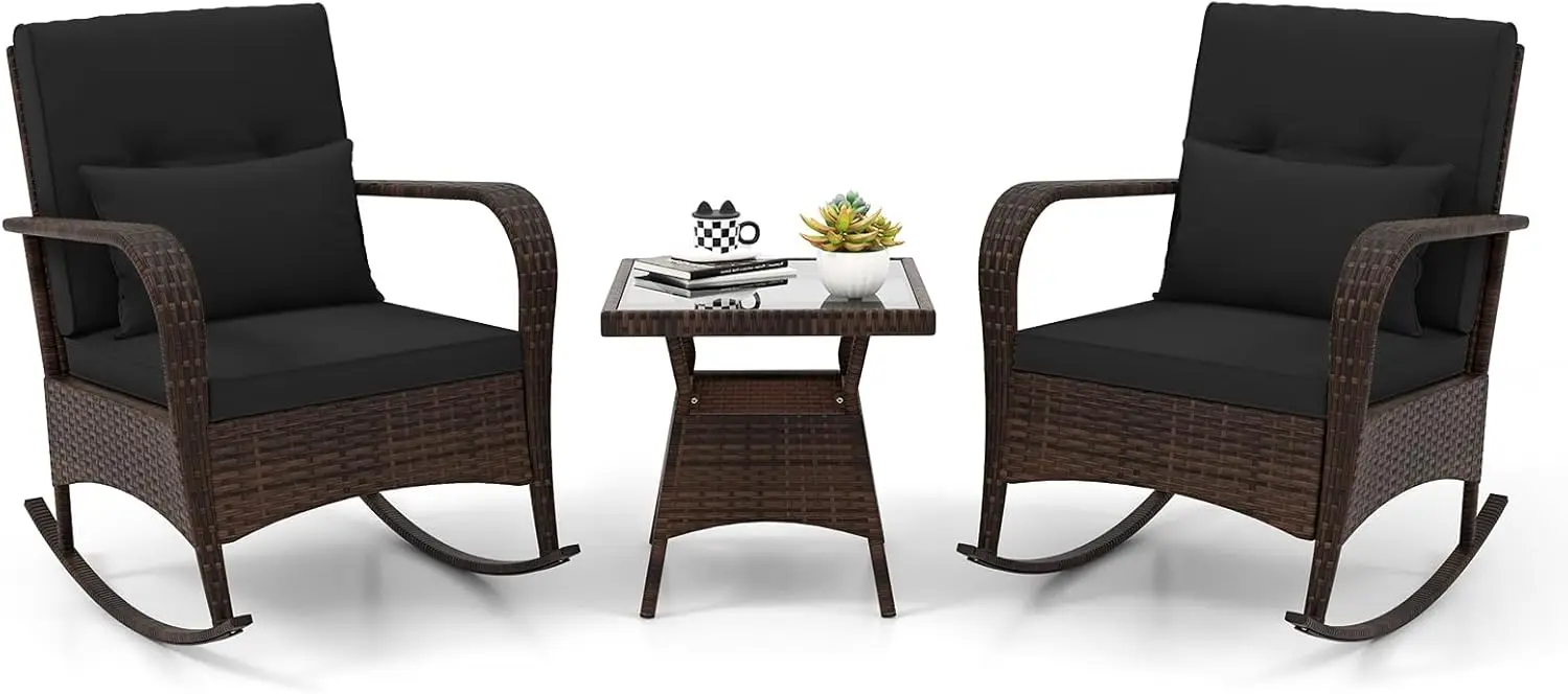 

3 Pieces Patio Furniture Set, Outdoor Wicker Rocking Chairs with Cushions, Pillows, Glass Coffee Table, Rattan Bistro Ro