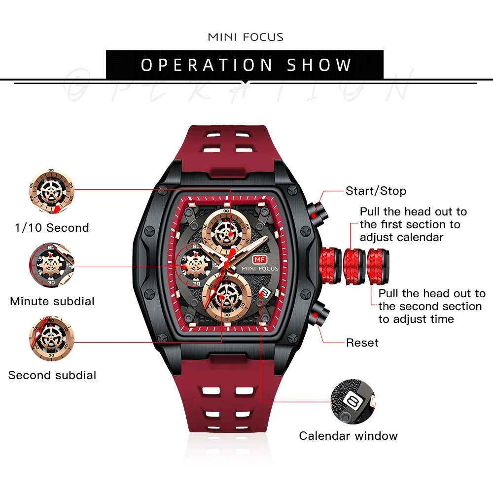 MINI FOCUS Multifunctional Luxury Fashion Quartz Wristwatches for Men Warrior Red Strap Waterproof Chronograph reloj hombre 473G