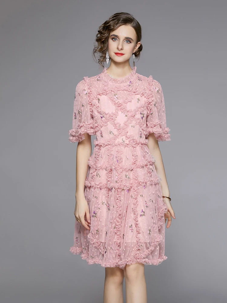 

Pink Embroidery Mesh Dresses Spring Women Short Sleeved Zipper Mini Dress Summer High Waist Slim Round Neck A Line Mini Dress
