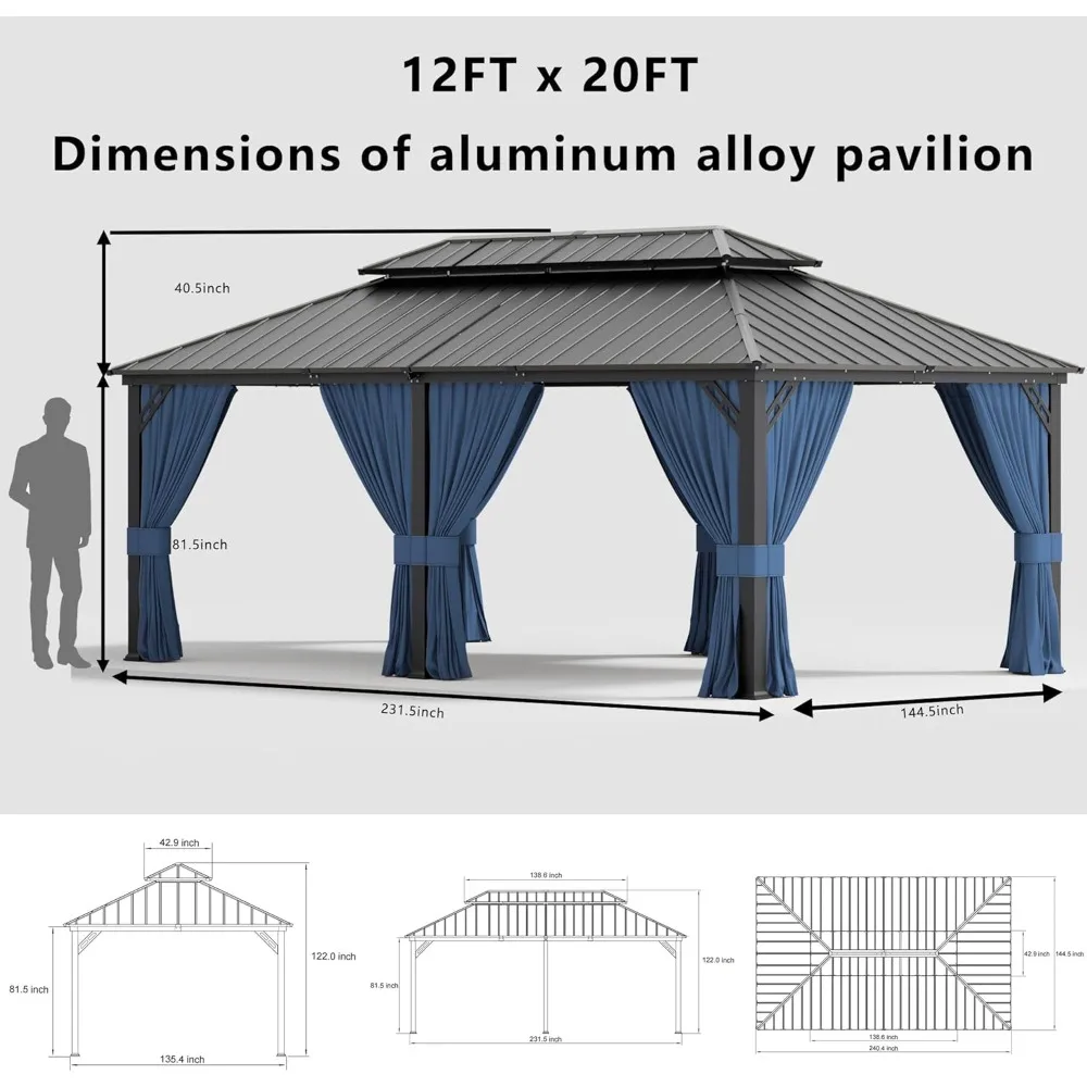 12x20ft Hardtop Gazebo Double Roof, Outdoor Pavilion with 2-Layer Hard top Galvanized Iron Frame Garden Tent