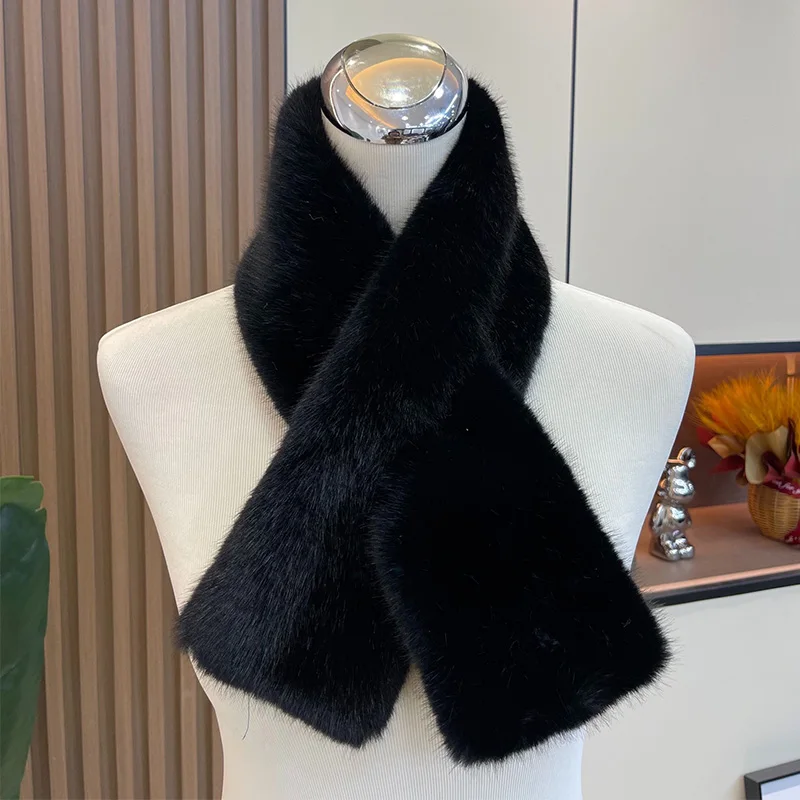 

Winter Warm Thicken Scarfs for Women Solid Color Faux Rabbit Fur Plush Cross Collar Scarf Shawl Elegant Warm Soft Neck Scarf