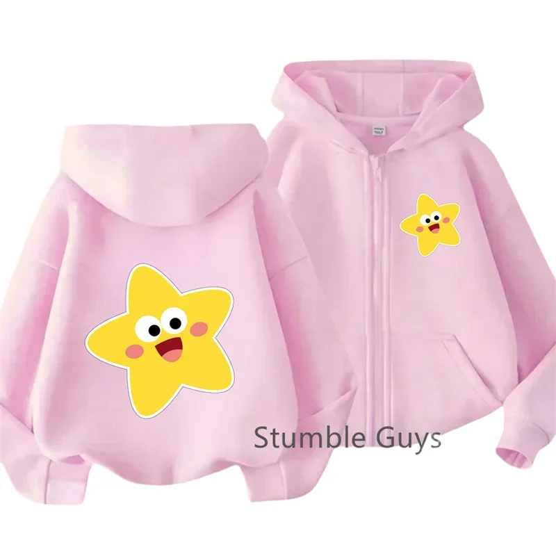 Cute Smiling Star Front Back Graphic Zip Up Hoodie For Kids Long Sleeve Loose Warm Daily Cartoon Print Boys Girls Jacket