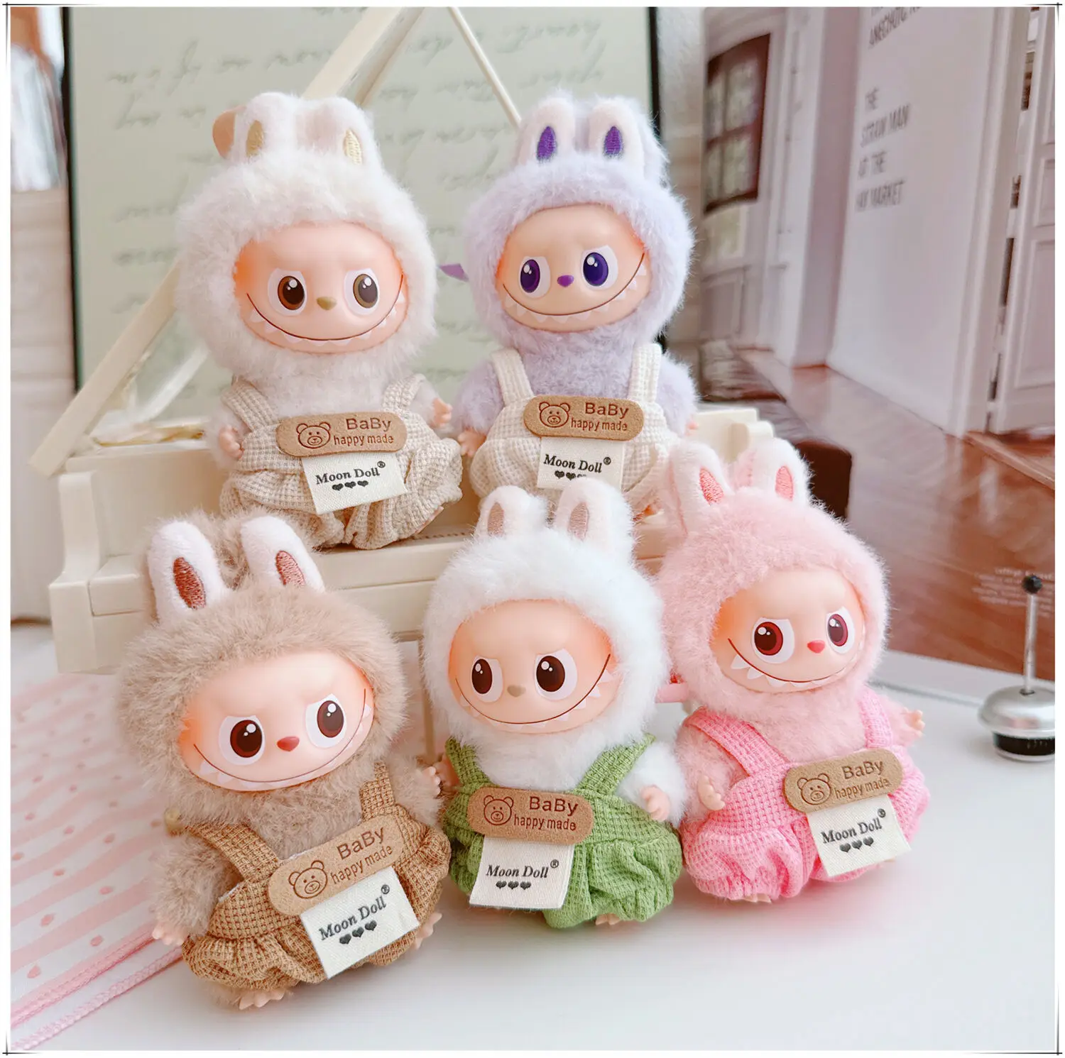 Ropa de muñeca Mini Labubu 4,0 de 10cm, pantalones con pechera Happy Made para bebé Labubu de 4. a generación para Mini Labubu