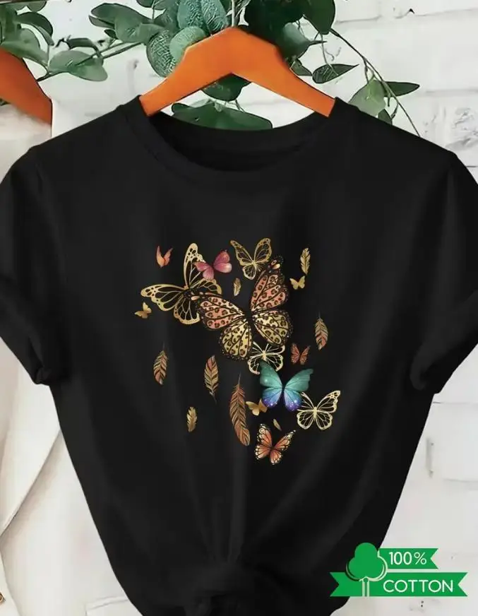Vintage Butterfly Graphic T Shirt Women Y2K Leopard Print Animal Tee Casual Short Sleeve Crewneck Top Summer Aesthetic Clothes