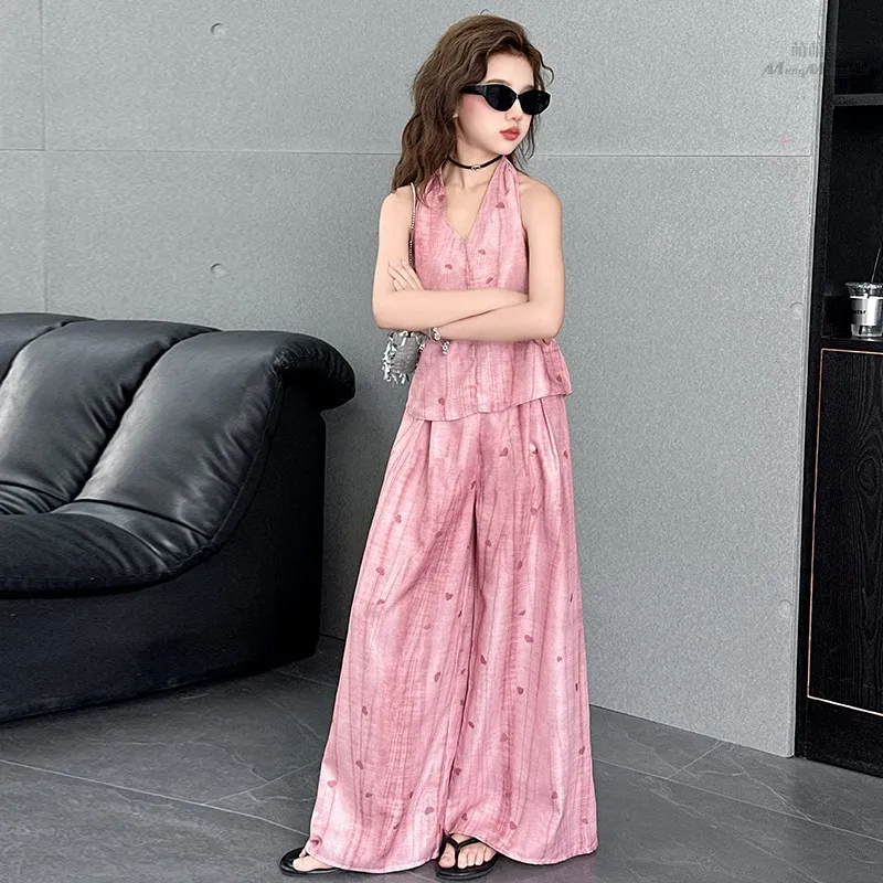 teen Girl Love Printed clothes set Hanging Neck+Wide Leg Pants 2pc Summer Pink V-neck Sleeveless Top+trousers child suit outfist