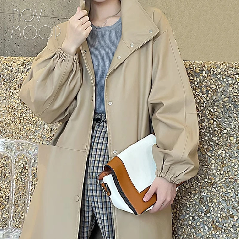 

Novmoop genuine leather women long jacket overcoat authentic sheepskin casual smart French simple chic style full season LT3599