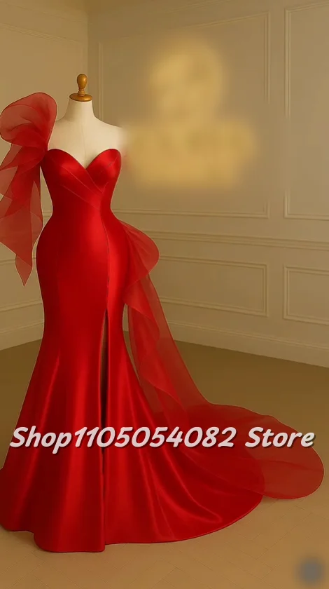 

Red Elegant Customized Satin V-neck Prom Dress with Waistline Fishtail Ruffles Train Side Slit Evening Dress Formal Occasion