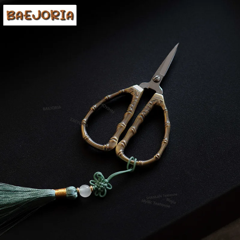 BAEJORIA Retro Bamboo Joint Stainless Steel Tea Bags Scissors Embroidery Cutting Sewing Tailor Shears Needlework Craft Teaware