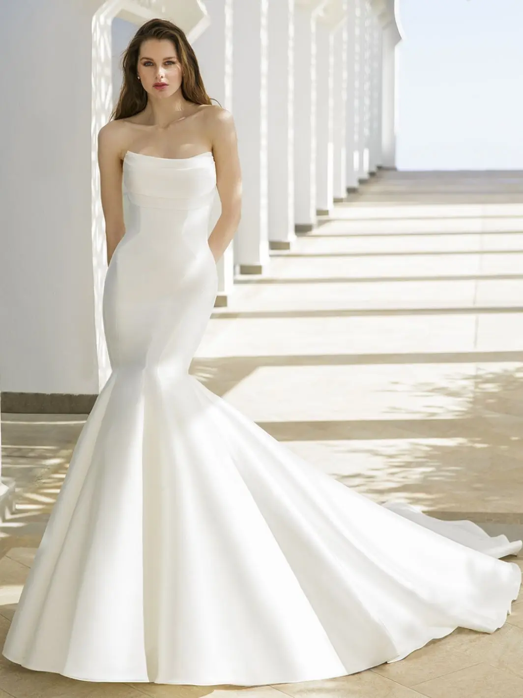 Abiti da sposa 2 in 1 rimovibili maniche con spalle scoperte corpetto pieghettato abiti da sposa a sirena abito da sposa a tromba Mikado