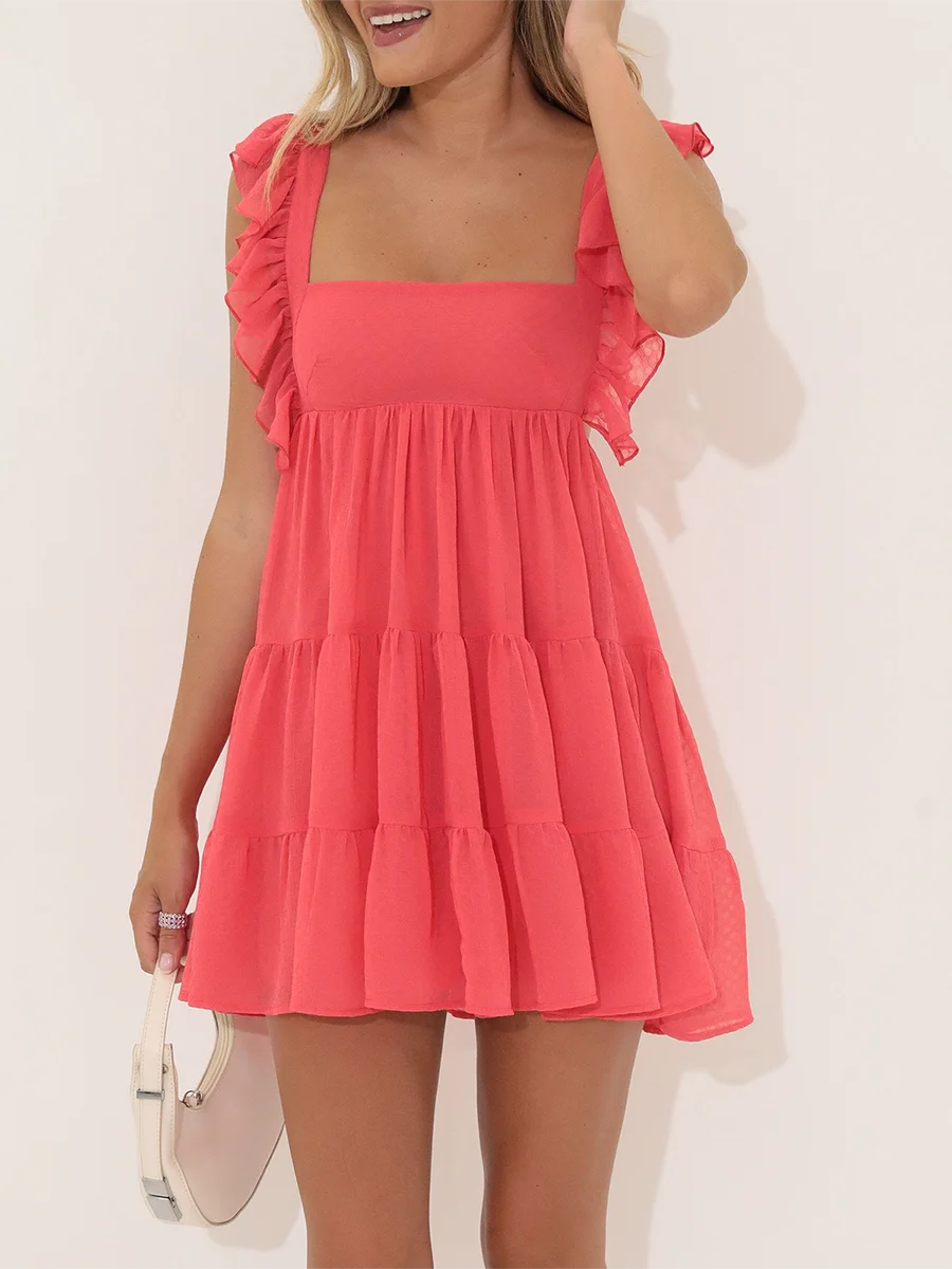 Ruffle Strap Babydoll Ruffle Dress ผู้หญิงแขนกุดคอสี่เหลี่ยมสีทึบ Flowy Dress ฤดูร้อนเปิดกลับชุดมินิ