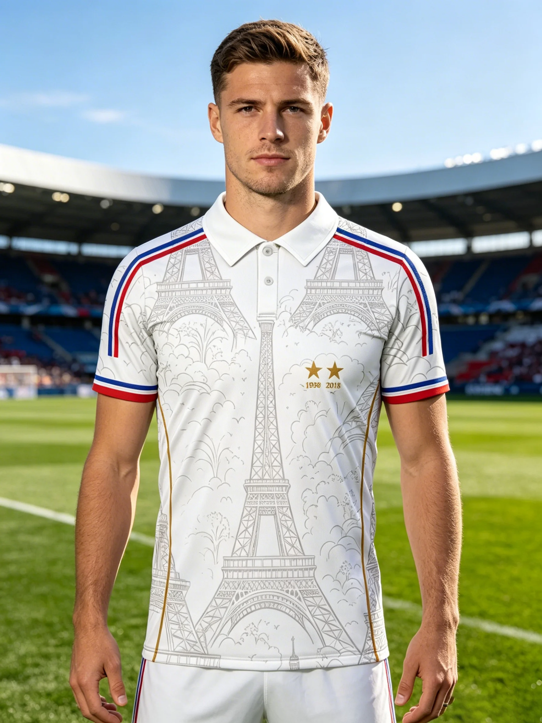 Men's France football training jersey with Eiffel Tower print. Stretch comfy, various collars for matches and daily outings