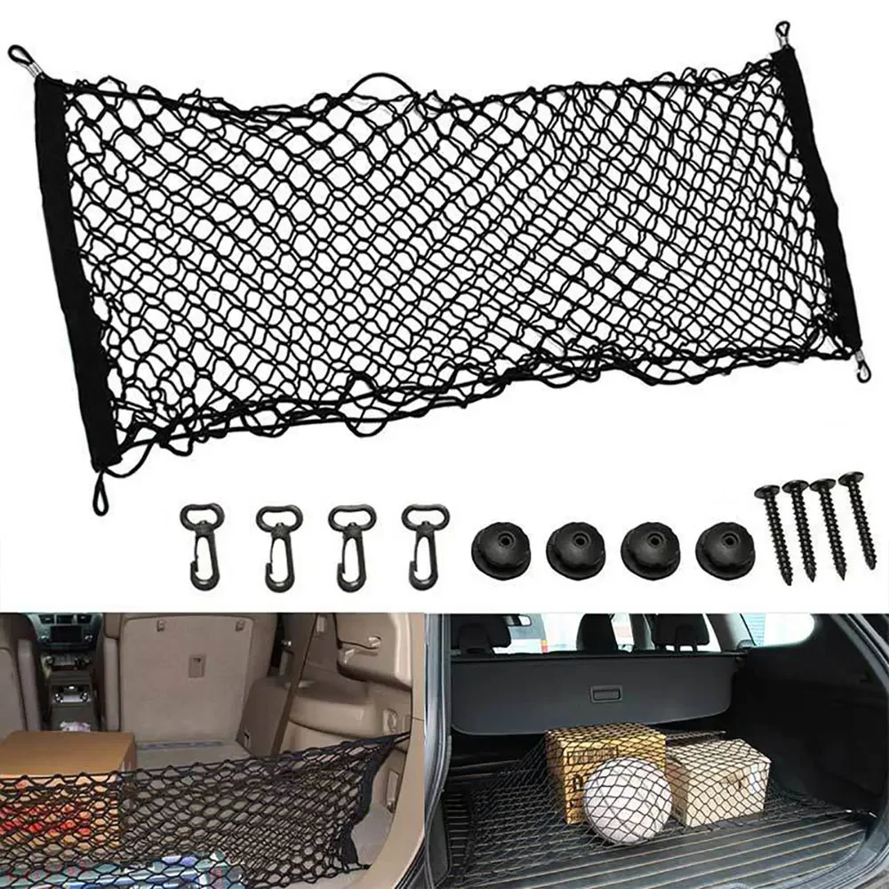 Car Trunk Cargo Net with 4 Hooks Adjustable Car Net Elastic Trunk Cargo Organizer Nylon Net Universal Car Accessory 60 x 110cm