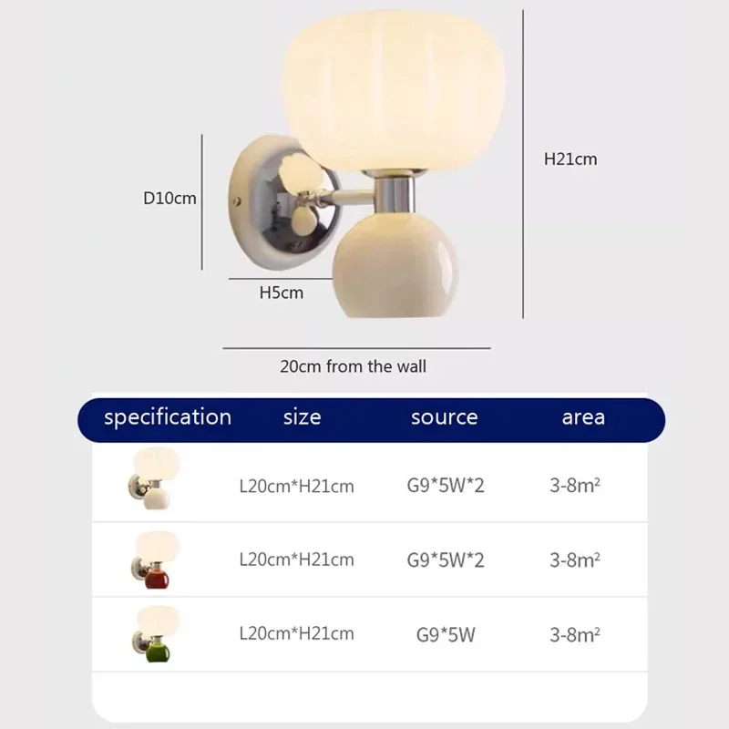 Lámparas de pared LED modernas, candelabros de calabaza Cream Breeze, Bombilla G9 para dormitorio, dormitorio, estudio, sala de estar, pasillo,