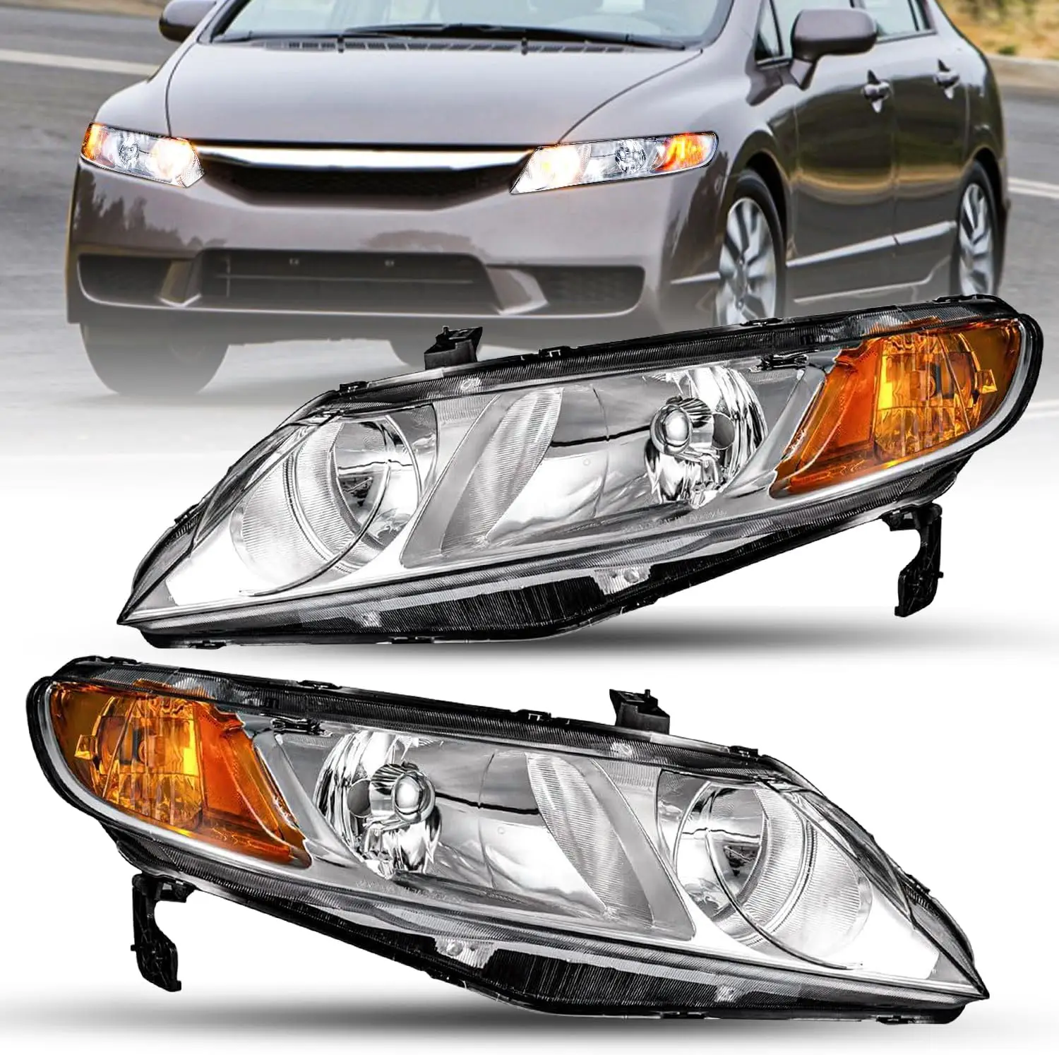 

Headlight Assembly Pair Compatible with 2006-2011 Honda Civic Sedan 4-Door Front Headlamp Chrome Housing with Amber Reflector (P