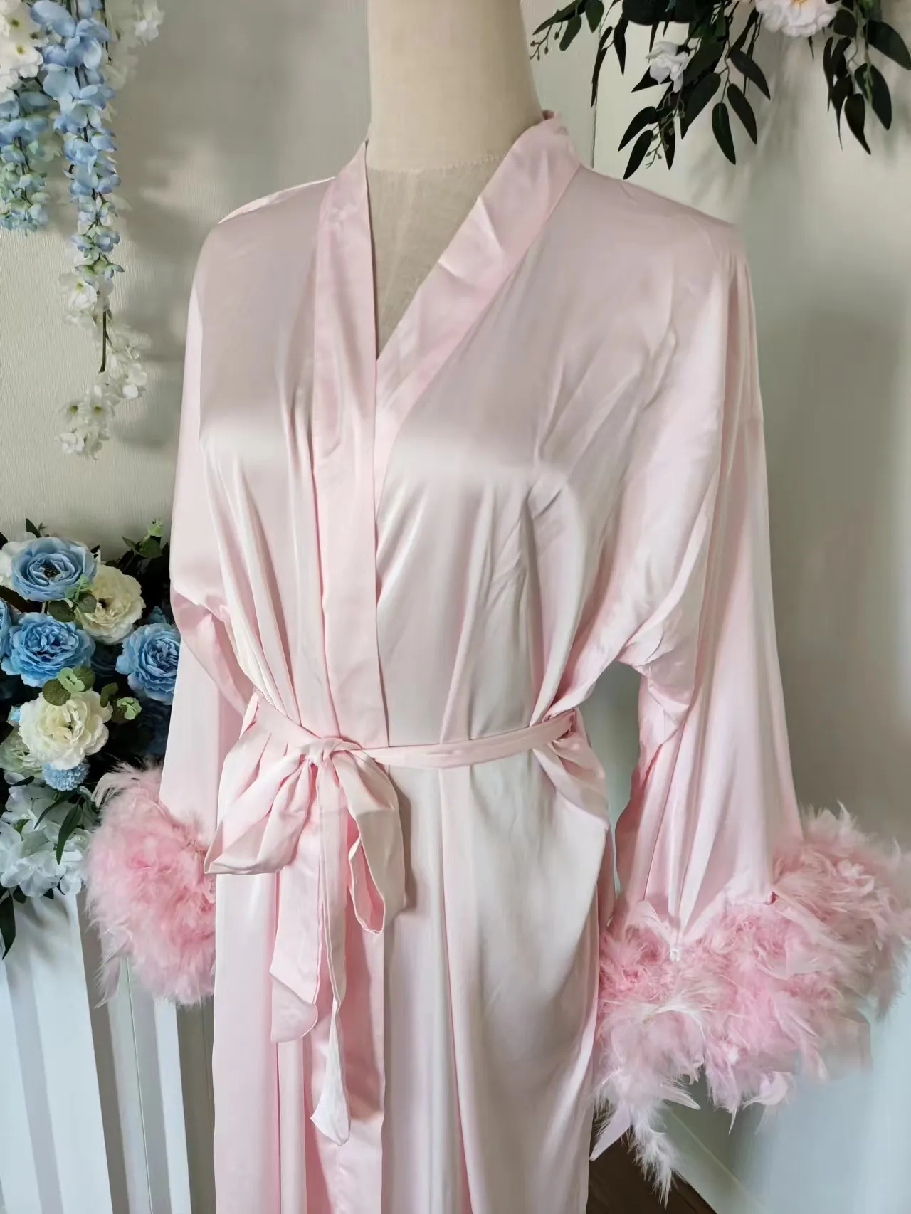 Pink Boudoir Wedding Floor Length Maxi Dressing Gown Robes Feather Long Robe Stain Silk Lingerie Bride to Be Hen Party Dress