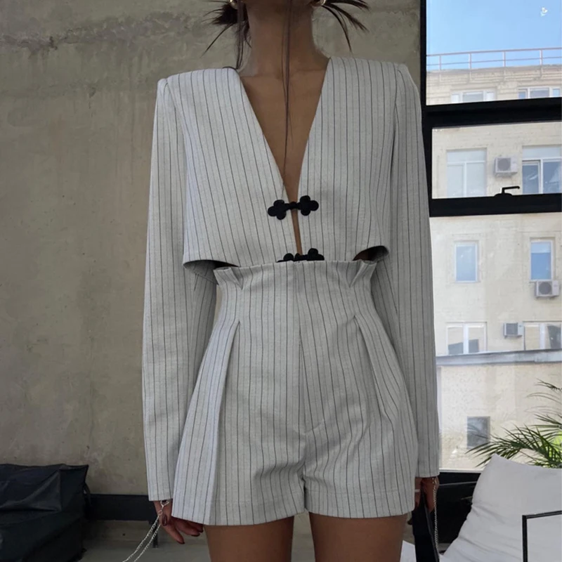 

Elegant V-neck Irregular Top & Short Pant Set Fashion Striped Print Slim 2 Piece Outfits Women's Casual Long Sleeve Hollow Suit