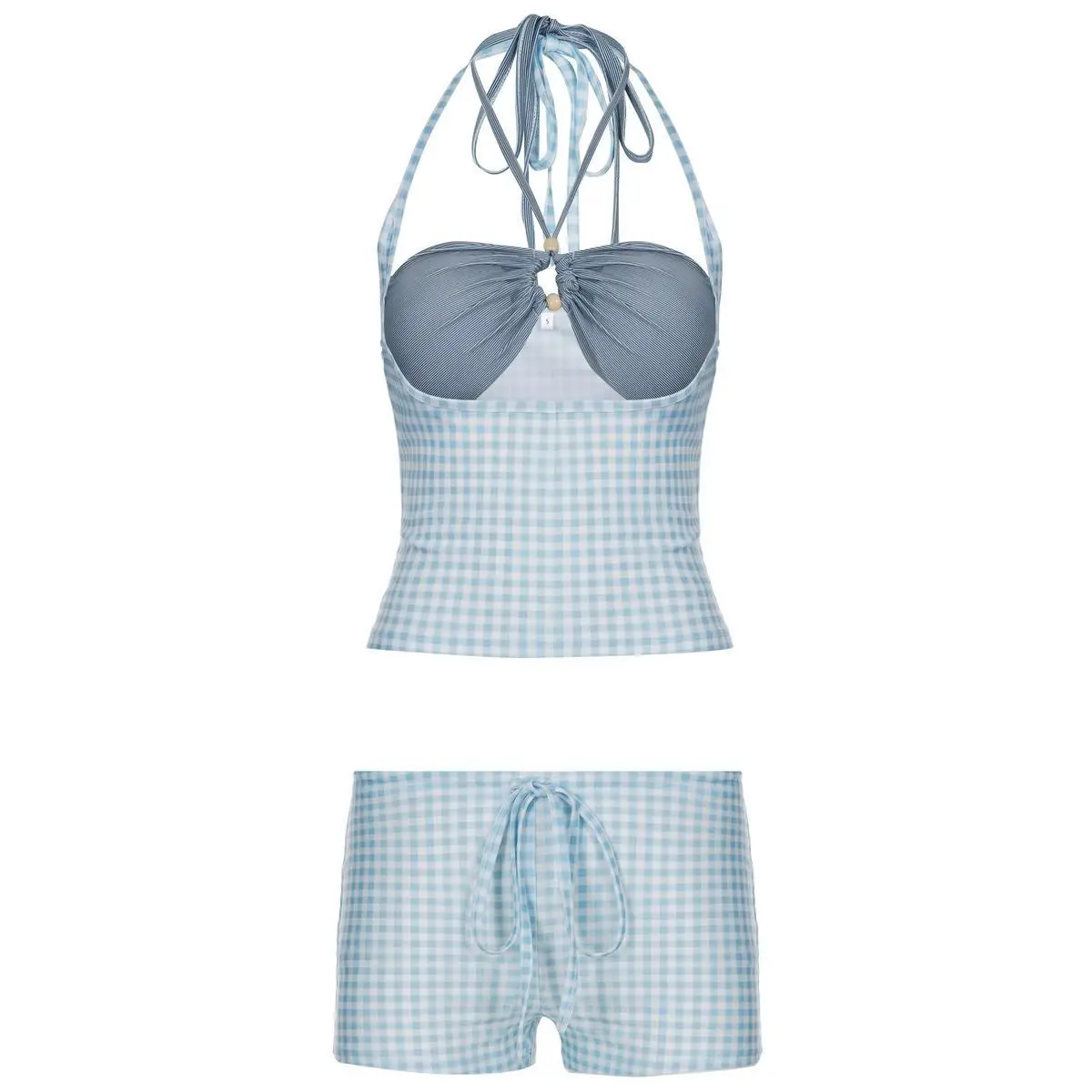 Women Summer Plaid Block Outfit Unique Design Halter Tie Crop Top Drawstring Short Two Piece Beach Vacation Casual Matching Set view 6