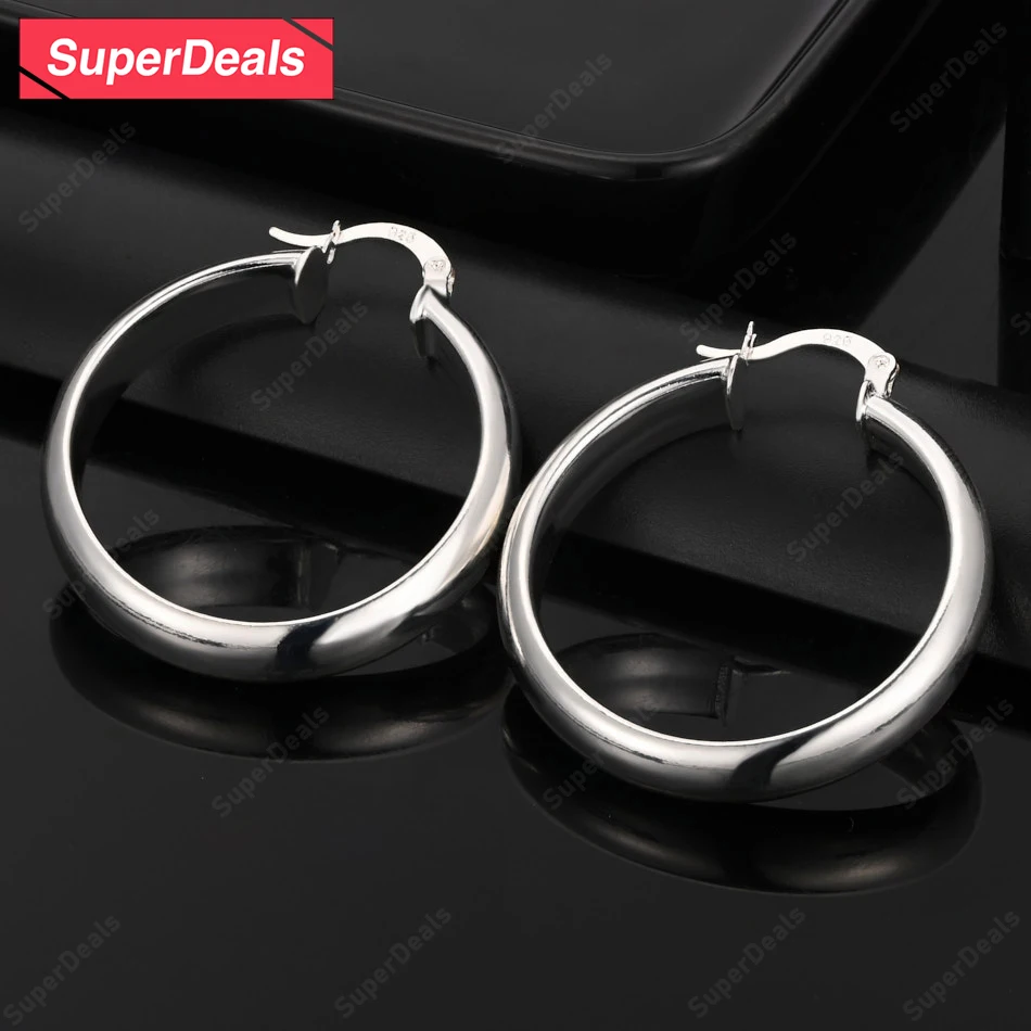 

SuperDeals стерлингового серебра 925 пробы 35 мм гладкие круглые серьги-кольца женские модные изысканные ювелирные изделия подарки на Рождество и день рождения
