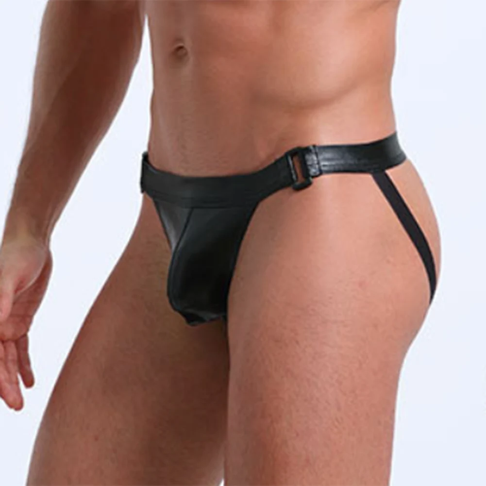 

Sexy Men Faux Leather Thong Low Waist Pouch Briefs Wet Look Bikini Underwear Open Crotch Elastic Lingerie Erotic Underpants