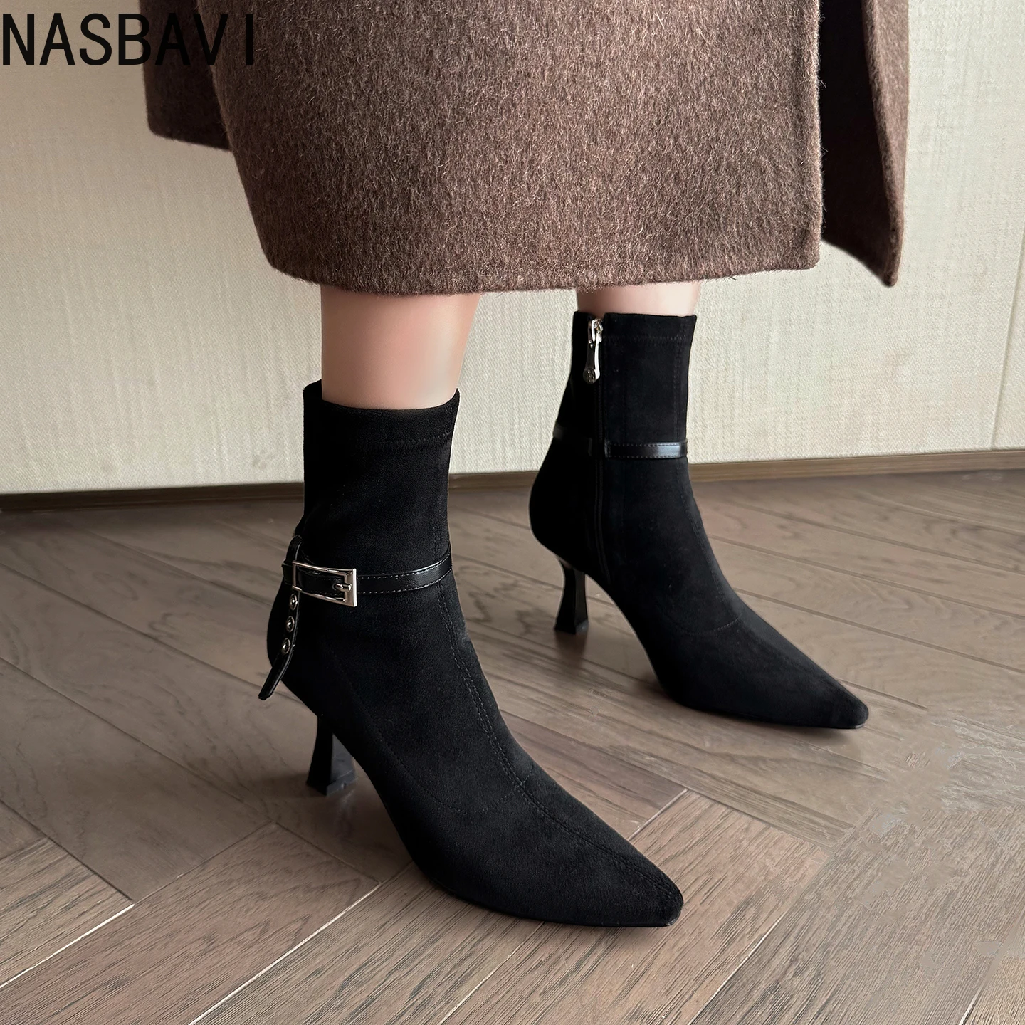 

NASBAVI/2026, модные женские ботильоны, зимняя осенняя обувь из искусственной замши, высокие каблуки на молнии с острым носком, новые короткие ботинки 34-40