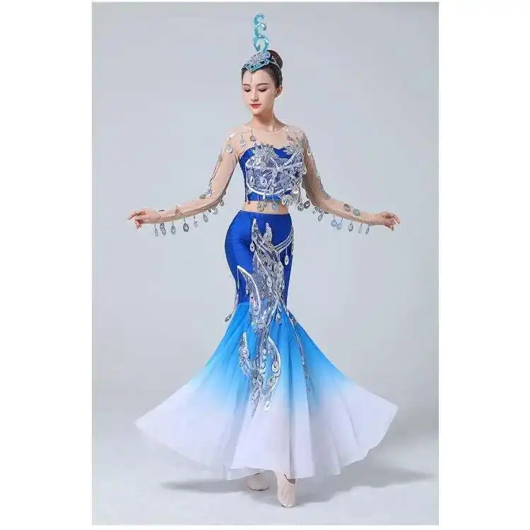 فستان راقص تقليدي داي عرقي زي رقص فستان راقص الطاووس بدلة أداء تنورة ترتر رملية متدفقة فستان بافان