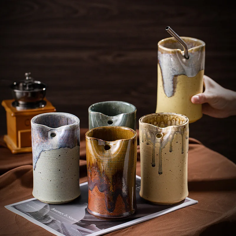 

Vintage ceramic coffee cup, Nordic creative shaped straight tube cup, household water cup, coarse ceramic straw mug