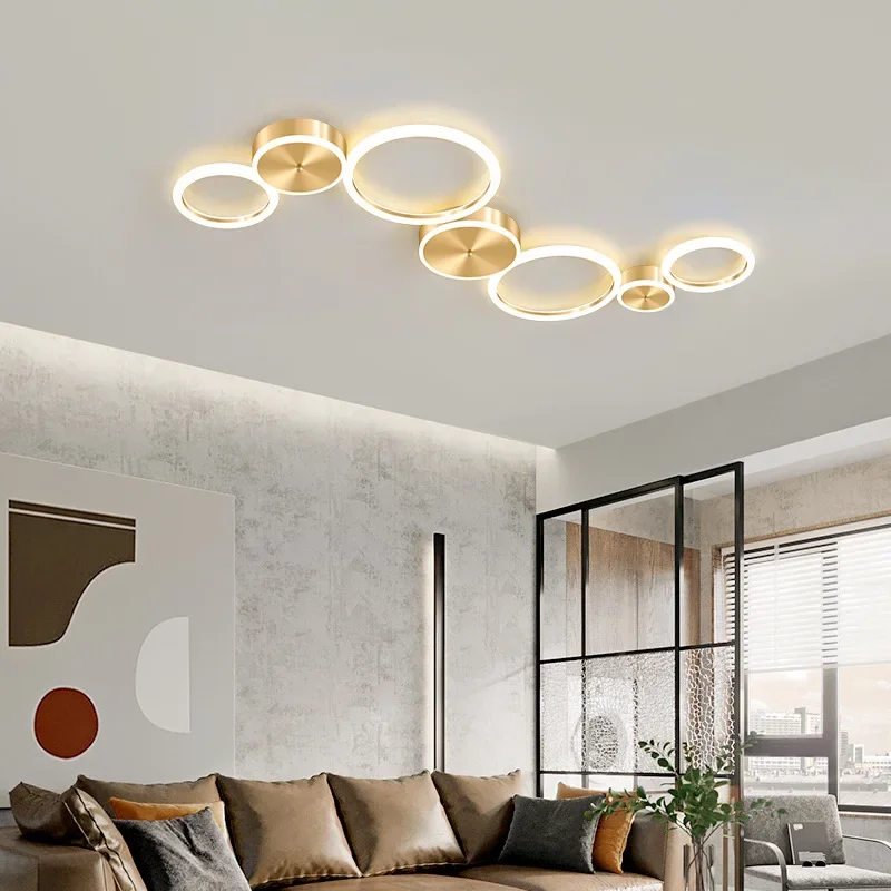 Simples e moderno led lâmpada do teto lustre para sala de estar jantar quarto luxo círculo anéis dourado iluminação teto interior