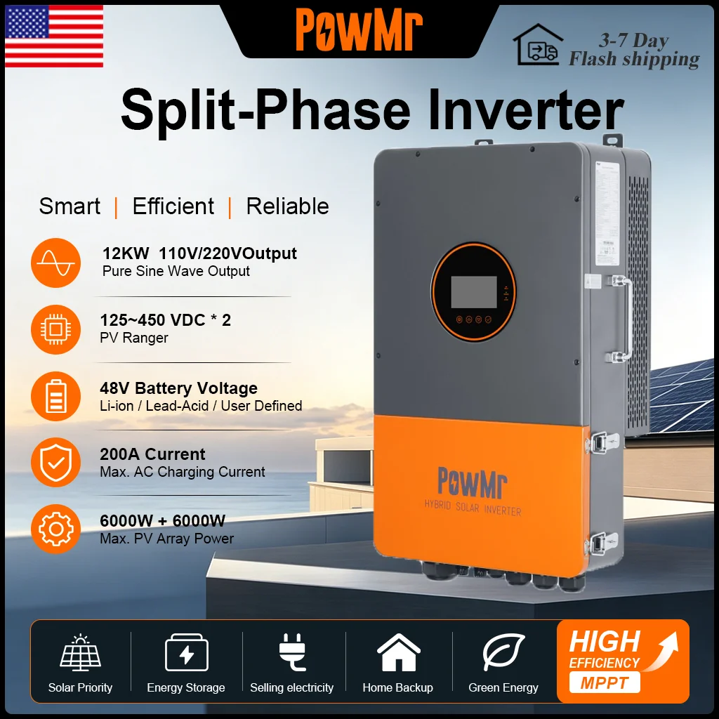 PowMr 120V 240V Split Phase Solar Inverter 12KW On Grid Certified Inverter Dual MPPT with 99.9% Tracking Max 200A Charging Current  IP65 Up to 6 Units in Parallel for Solar Home