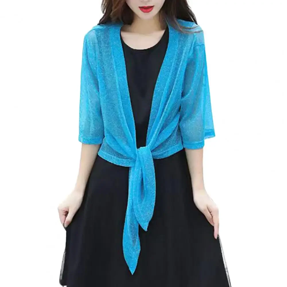 Women's Sheer Glitter Lace-up Cardigan Lightweight Jacket Half Sleeve Summer See-through Loose Blouse Women
