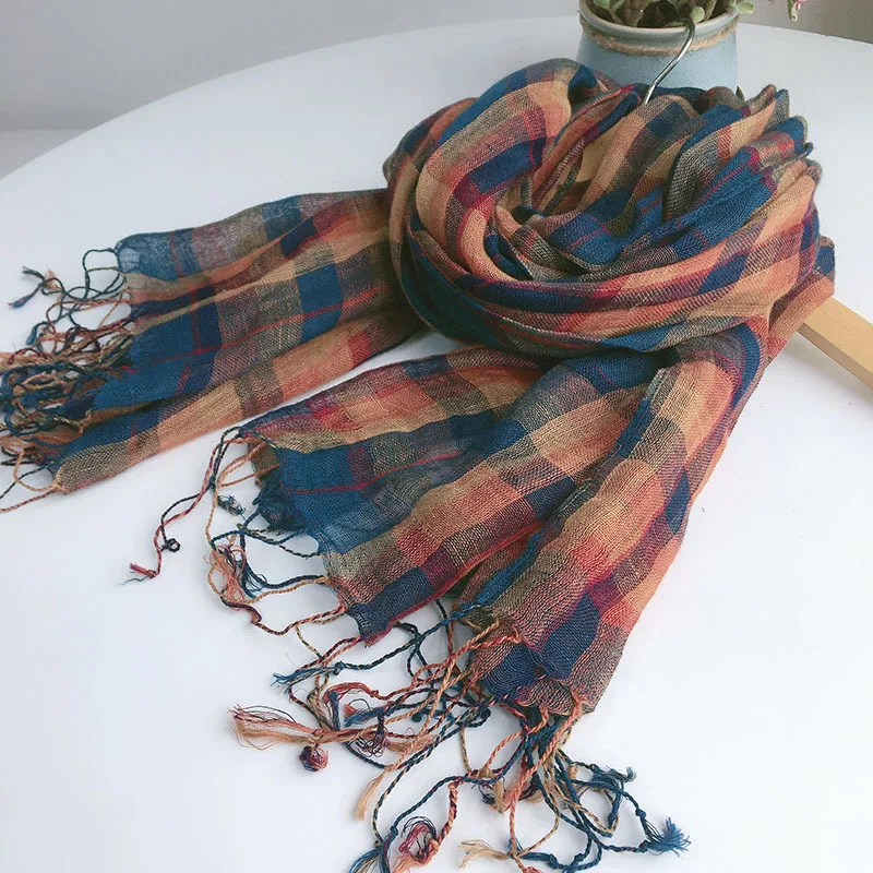 New Pure Linen Plaid Scarf Women Breathable Shawl Scarves